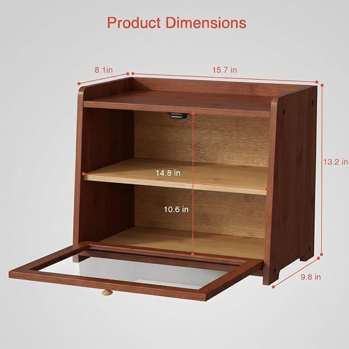 Goozii 2 Tier Bread Box for Kitchen Countertop, Double Layer Breadbox | Dark Brown Bamboo Wood | Storage Cabinet for Homemade Bread | Wooden Walnut