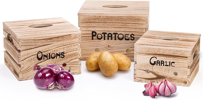 Frcctre 3 Pack Vegetable Storage Bins, Farmhouse Potato Onion Garlic Kitchen Storage Canisters Set, Wooden Stackable Vegetable Keeper with Lid and Aerating Holes for for Pantry Organization
