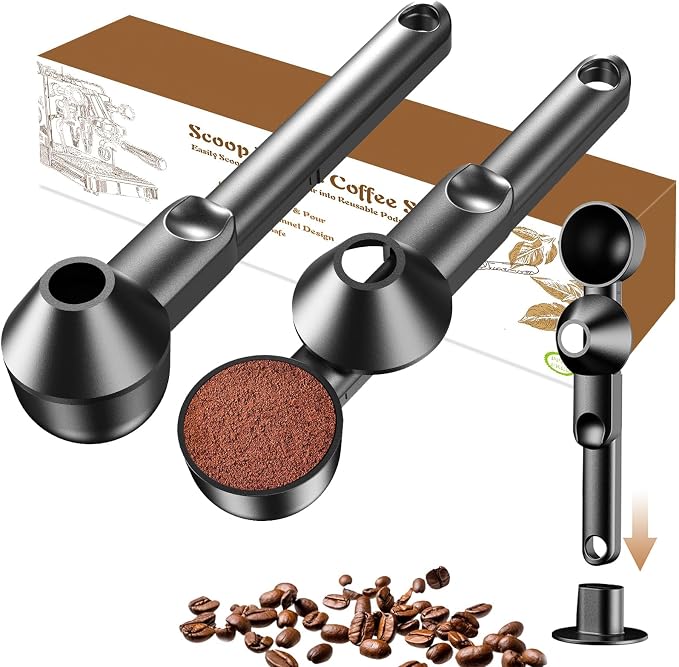 Coffee Scoop with Funnel for Ground Coffee, Protein Powder & Tea, 2 Tbsp | Mess-Free Scoop Funnel for Reusable K-Cup, Countertop Design for Home & Office, Handy Long Handle, Easy to Clean, 2-Pack