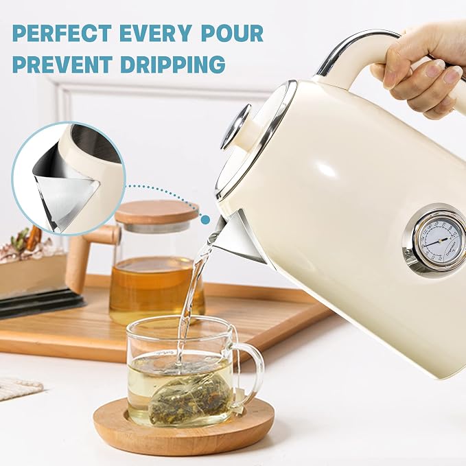 SUSTEAS 57oz Electric Kettle with Thermometer, Hot Water Pot, Beige | Electric Tea Kettle for Boiling Water, 1500W Stainless Steel Pot, Cordless LED Indicator, Auto Shut-Off & Boil Dry Protection
