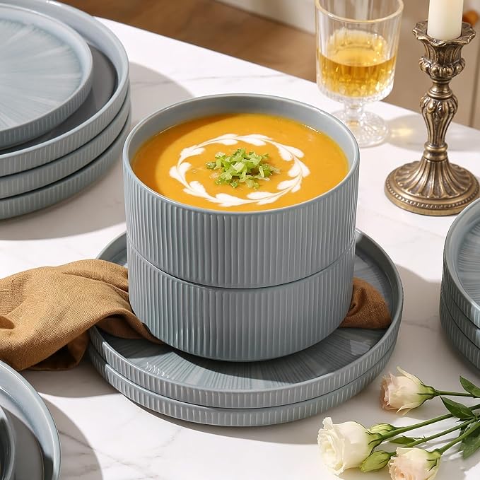 Stoneware Dinnerware Sets for 4, 12-Piece Plates and Bowls Set, Dusty Blue | Advanced Inkjet Printing Ceramic Dishes, Modern Minimalist Tableware, Scratch Resistant, Microwave and Dishwasher Safe