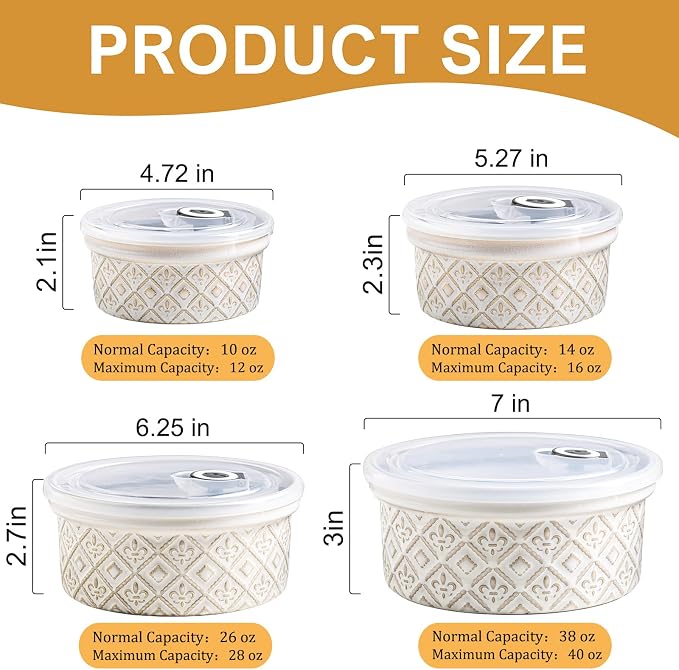 Airtight Food Storage Containers with Lids Mixing Bowls Set, Ceramic Serving Bowls with Lids Set of 4, 12/16/28/40 oz Stackable Nesting Salad Bowls for Cooking, Baking, Ramen - Beige
