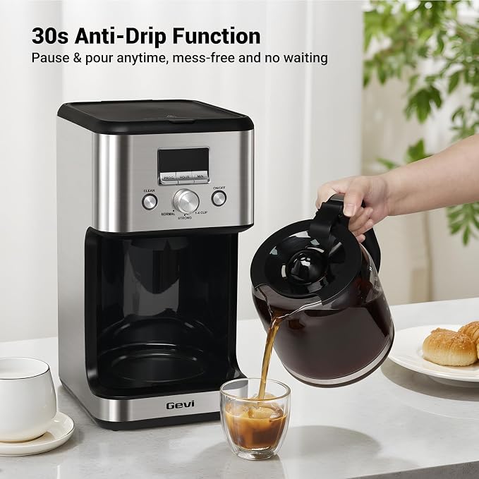Gevi 14‑Cup Drip Coffee Maker, Programmable With Glass Carafe | Strong Brew Mode, 2H Keep Warm, Pause & Serve, Auto Shut‑Off for Home Office Daily Coffee Brewing