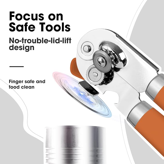 Beneno Heavy Duty Hand Can Opener Manual with Magnet Lid Remover, Orange | Razor-Sharp Carbon Steel Blade, Precise Smooth Cutting Gear, Big Effort-Saving Knob, Soft Grip Handle, Built-in Bottle Opener