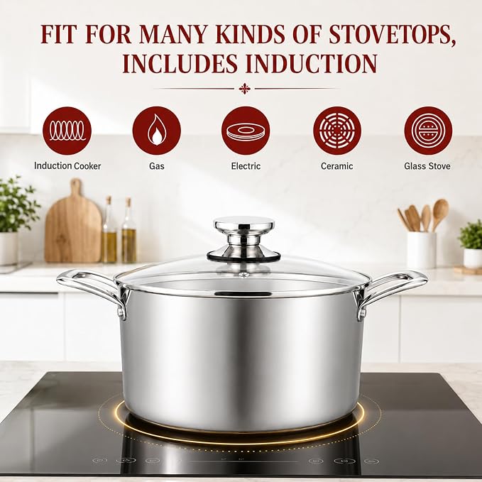 TeamFar 6 Quart Stock Pot, Tri-Ply Stainless Steel Pasta Pot with Lid | Cooking Broiling Eggs Veggies Soup, Tempered Glass Lid & Double Side Riveted Handles, Healthy & Heavy Duty, Dishwasher Safe