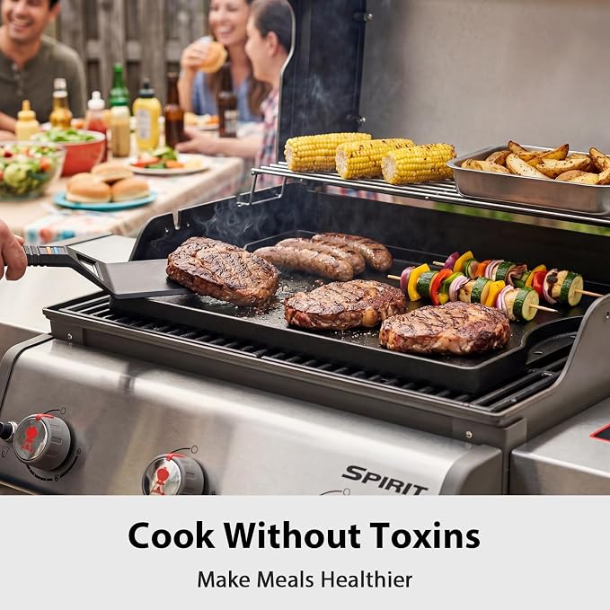 Utheer Reversible Griddle Kit, 16.5 x 10.5 Inch Cast Iron Flat Top | Includes scratch-safe nylon tools, dual-sided cooking surface works for stovetop, gas grill, camping and BBQ