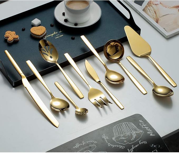 Berglander Gold Serving Utensils 10 Pieces, Titanium Golden Plating Serving Spoons, Included Cake Knife Cake Server Serving Forks Sugar Spoon Salad Spoon Forks Butter Knife Gravy Ladle ect.