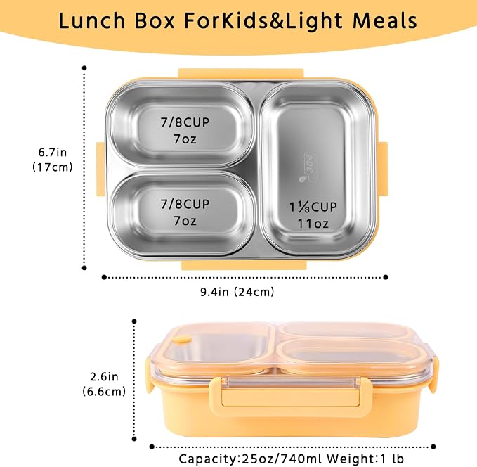 Stainless Steel Bento Lunch Box for Kids & Adults, 25oz, 3 Compartment | Super Leakproof, 304 Stainless Steel, Dishwasher Safe, BPA-Free,Capable of Heating Food