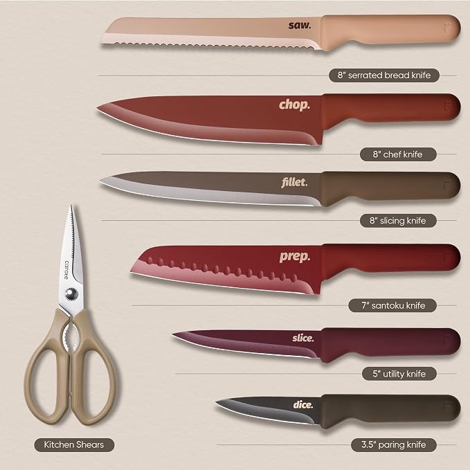 CAROTE Kitchen Knife Set, 6 Floral Knives with 6 Blade Guards, 12-Piece | Stainless Steel Blades, Ceramic Nonstick Coating, Long-Lasting Sharpness, Rust-Resistant, Non-Slip, Dishwasher Safe