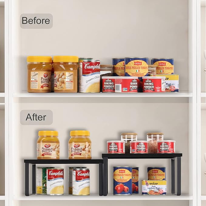 CADUKE Set of 4 Kitchen Counter Shelves, Cabinet Organizer, Black | Wood Countertop Shelves, Stackable Shelf Organizer, Expandable Cabinet Shelf, For Pantry, Industrial