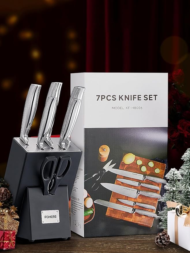 Knife Set, FOHERE 7 Pieces Kitchen Knife Set with Built-in 5 x Sharpeners, Waved Texture Knife Set with Block, Stainless Steel Knife Block Set, Sharp Knives Set with Ergonomic Handle