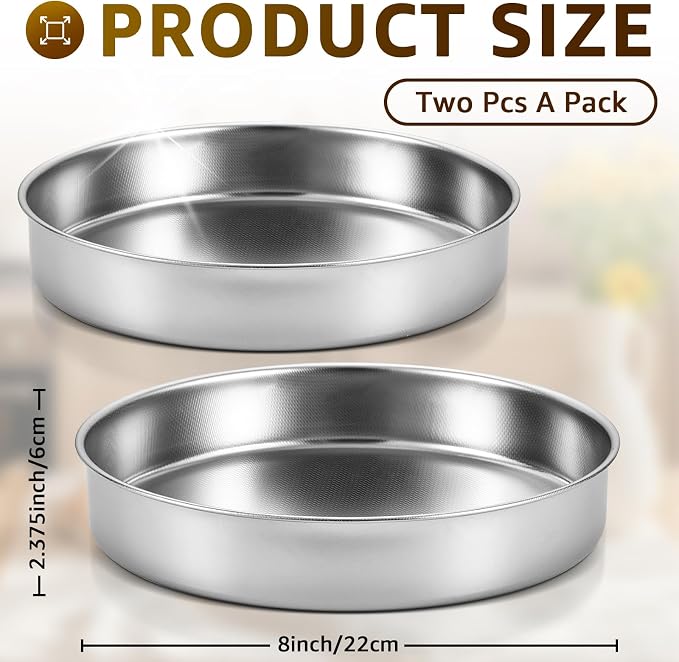 Inqibee 8 Inch Round Cake Pan Set of 2, Stainless Steel Textured Bottom | Tri-ply Stainless Steel, Rolled Rim Layer Cake Bakeware, Oven & Dishwasher Safe, Healthy Non-Toxic for Birthday Wedding Cake