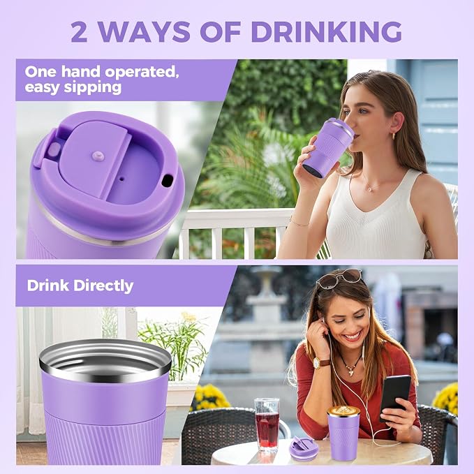 Volhoply 13 oz Stainless Steel Insulated Travel Coffee Mug with Fip Lid,Reusable Double Wall Vacuum Metal Coffee Cup,Portable to Go Leak Proof Cafe Thermal Tumbler for Hot & Cold Drinks(Purple,1)