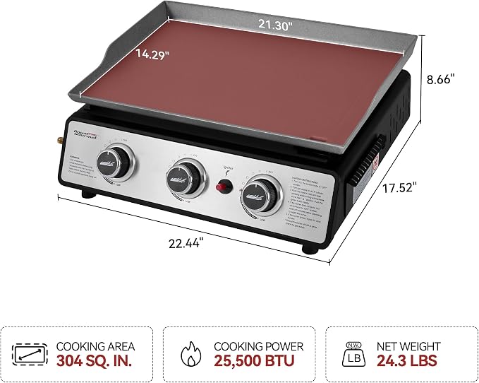 Royal Gourmet PD1301S Portable 3-Burner Tabletop Gas Griddle | 25,500 BTU Cooking Power, 304 Sq. In. Cooking Surface | Ideal for Camping & Tailgating, Black & Silver