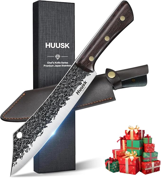 Huusk Butcher Knife for Meat Cutting with Sheath, Cool Gifts for Men | Hand Forged Japanese Chef Knives with Ergonomic Full Tang Handle for Kitchen, Camping, BBQ