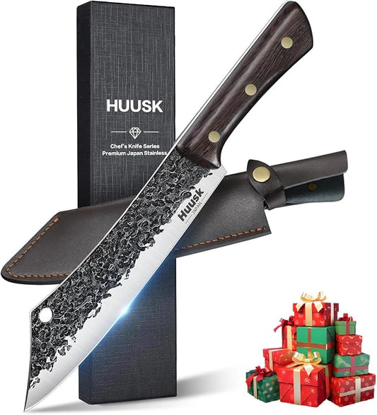 Huusk Butcher Knife for Meat Cutting with Sheath, Cool Gifts for Men | Hand Forged Japanese Chef Knives with Ergonomic Full Tang Handle for Kitchen, Camping, BBQ