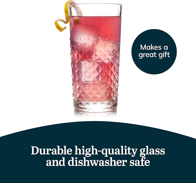 Libbey Carat Tumbler Glasses Set of 4, Faceted 14 oz Drinkware Glasses Set, Dishwasher Safe Tall Drinking Glasses for Cocktails, Soda, and More