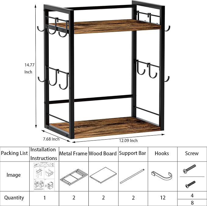 Dorhors Coffee Bar Organizer,Mug Holder,Station Organizer Kitchen Counter | 2 Tier Rustic Brown Wood Coffee Bar Accessories with 12 Hooks,Countertop Shelf for Mug,Syrup and Accessories