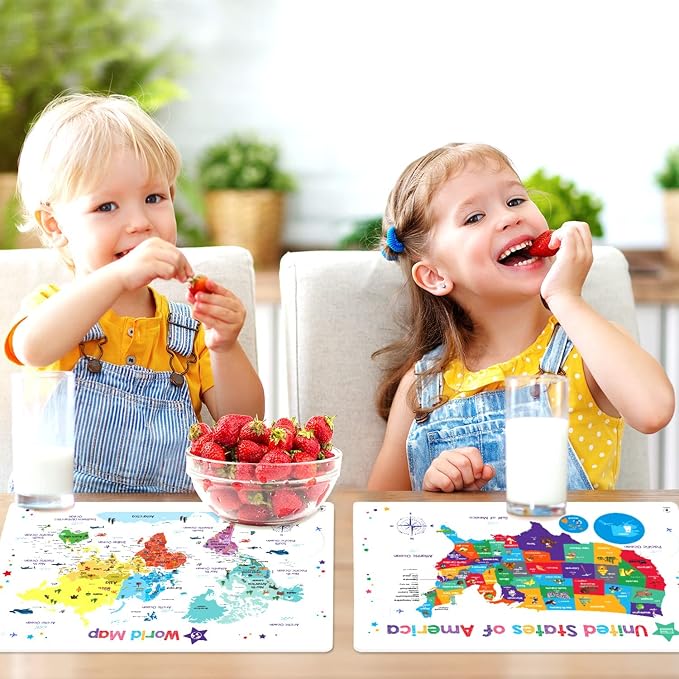 Simply Magic 5 Educational Placemats for Kids - Kids Placemats Non Slip | Kids Placemats for Dining Table, Wipeable Reusable Plastic Learning Place Mats: USA, World Map, Periodic Table, Solar System