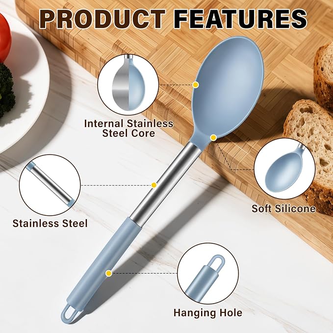 3Pcs Silicone Cooking Spoon Set, Kitchen Utensils Include Solid & Slotted Spoon, Soup Ladle, Food-Grade Heat Resistant 446°F, Non-Scratch Spoons for Serving, Stirring, Draining, Dishwasher Safe, Blue