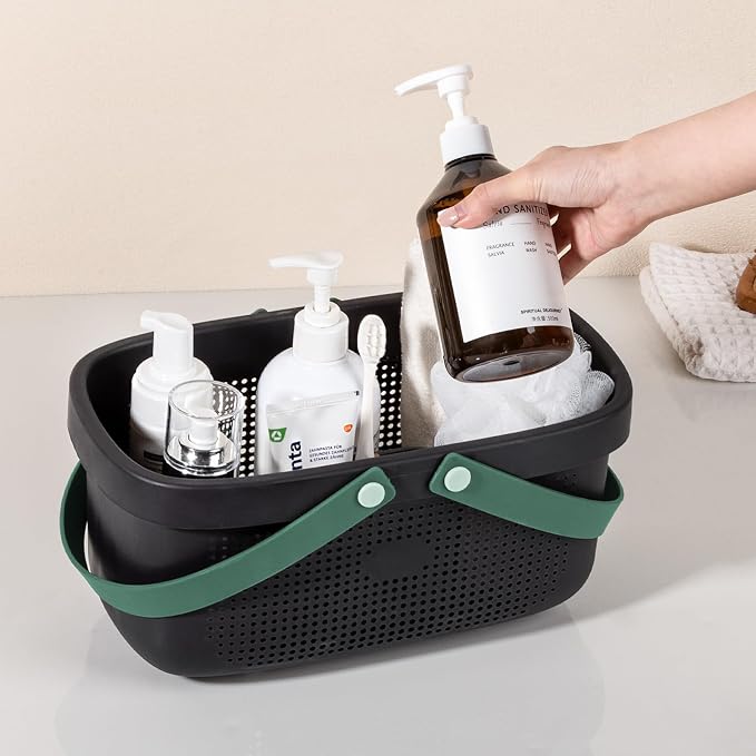 Portable Shower Caddy Basket with Handle Plastic Storage Basket Black Green | Sturdy Drainage Large Capacity Organizer Basket with Silicone Handles for Bathroom Kitchen Bedroom College Dorm Essentials