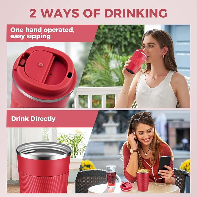 Volhoply 13 oz Stainless Steel Insulated Travel Coffee Mug with Fip Lid,Reusable Double Wall Vacuum Metal Coffee Cup,Portable to Go Leak Proof Cafe Thermal Tumbler for Hot & Cold Drinks(Red,1)