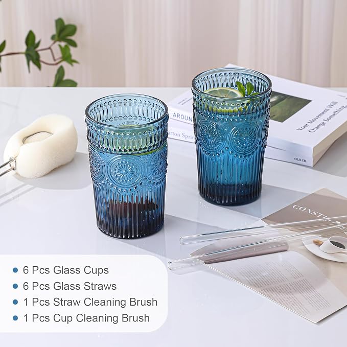 ZMOWIPDL Drinking Glasses Set of 6,13oz Flower Design Blue Glass Cups | Vintage Glassware,Textured Tumblers,Embossed Striped Drinkware for Water,Cocktails,Juice,Iced Coffee