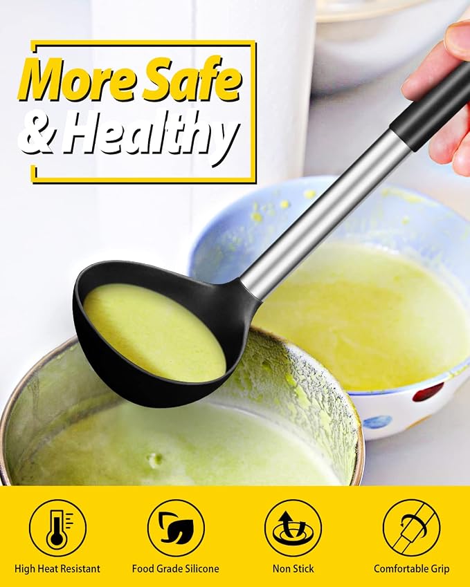 BUNDLEPRO Silicone Ladle Spoon Kitchen Utensils, 2 Pack, Black-White | Non Stick, High Heat Resistant, BPA Free, Ideal for Cooking, Stirring,Serving Soups