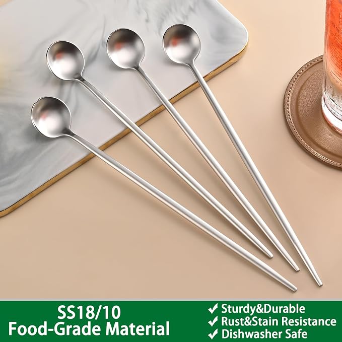 DEHOV 9 Inches Long Iced Teaspoons Set,4 Pieces Stainless Steel 18/10 Latte Spoon,Long Handle Coffee Stirring Spoons,Durable Cocktail Mixing Spoons,Dishwasher Safe Long Spoons For Dessert