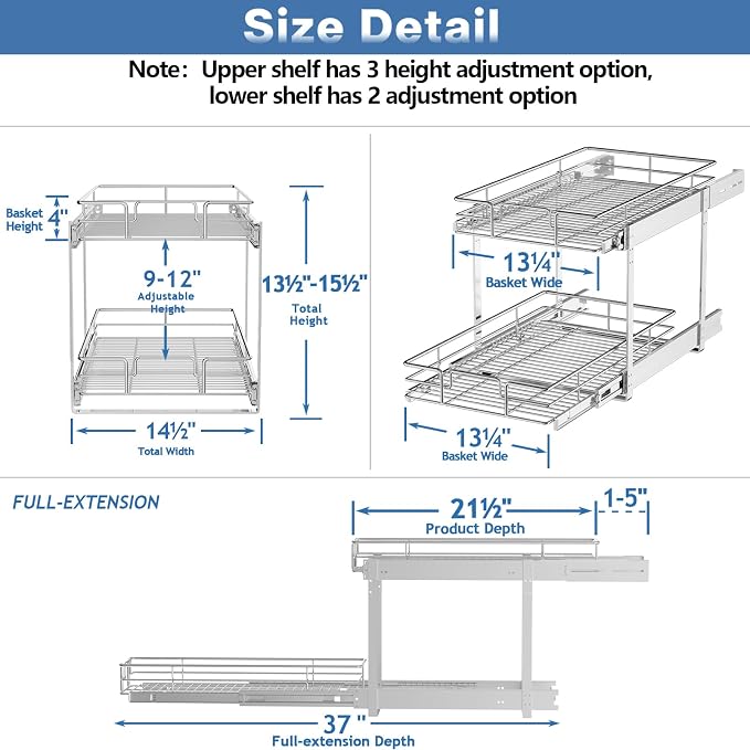 2 Tier Individual Pull Out Cabinet Organizer 14½" W x 21½" D, Heavy Duty Cabinet Pull Out Shelves, Slide Out Drawers Organization for Kitchen Cabinets Bathroom