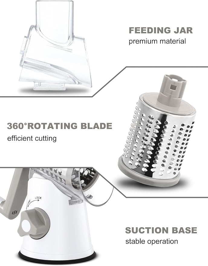 GDL Cheese Grater Hand Crank, Rotary Cheese shredder, Vegetable Slicer | 3 Stainless Steel Blades, 12x Fast Cutting, Non-slip Suction Base, No BPA, Dishwasher Safe, Easy Use for Cheese, Veggies, Nut