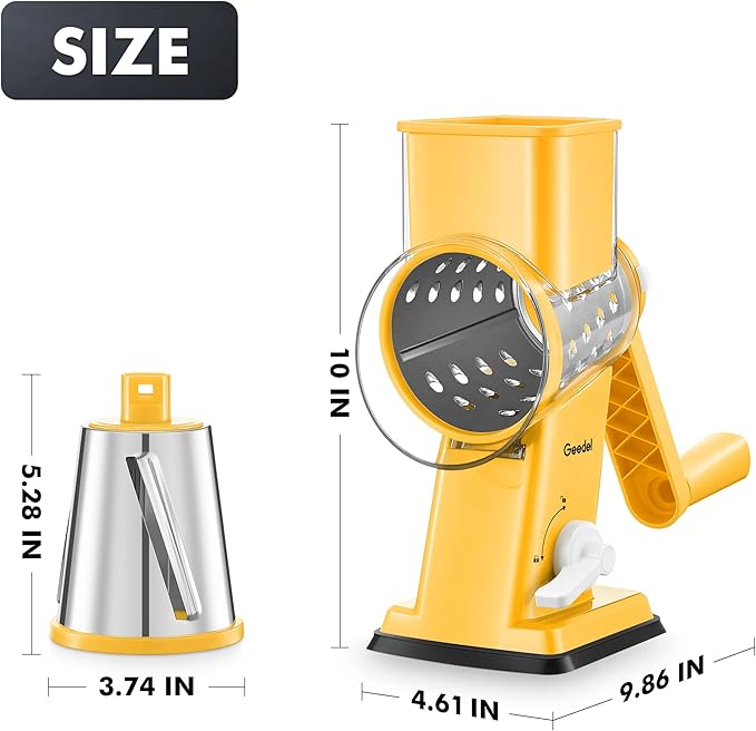 Geedel Upgraded Rotary Cheese Grater Hand Crank, Vegetable Shredder Slicer | 4 Blades, Stronger Suction Base, Wider Chute, 18x Faster Cutting, No BPA, Stainless Steel, for Cheese, Veggies, Nut
