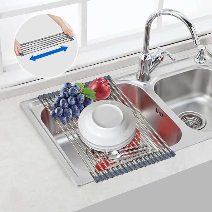 CHIRISEN Expandable Large Roll Up Dish Drying Rack 18 Tube 21.25x12.79''Collapsible Over The Sink Rack Non-Slip Silicone Rolling Dish Drainer Stainless Steel Roll Rack for Kitchen Sink Counter (Gray)