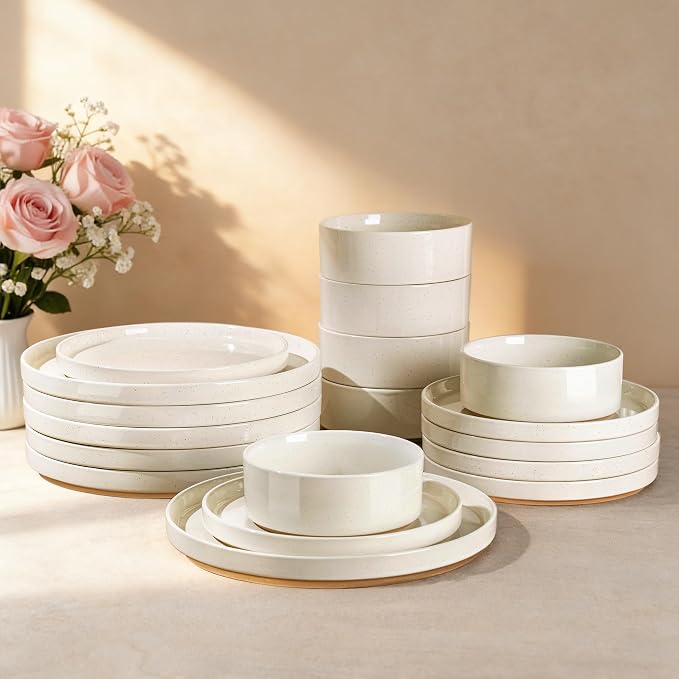 AmorArc Stoneware Dinnerware Sets for 8,24 Pcs Plates and Bowls Set | Handmade Ceramic Dish Set,Dishwasher & Microwave Safe-Beige