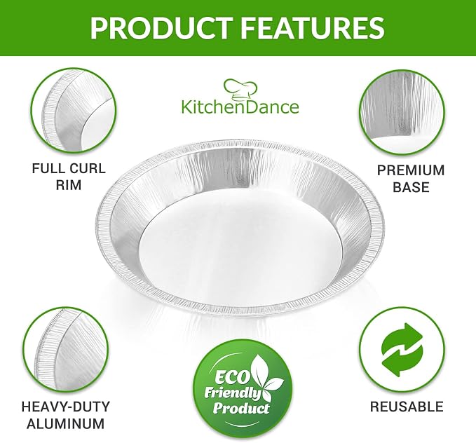 KitchenDance Disposable Heavyweight Aluminum Foil Pie Pan - 36 Ounces Round Baking Pan Perfect for Homemade Cakes, Pies - Aluminum Foil Pan for Baking, Storing, and Preparing Food #1070 (100, Silver)