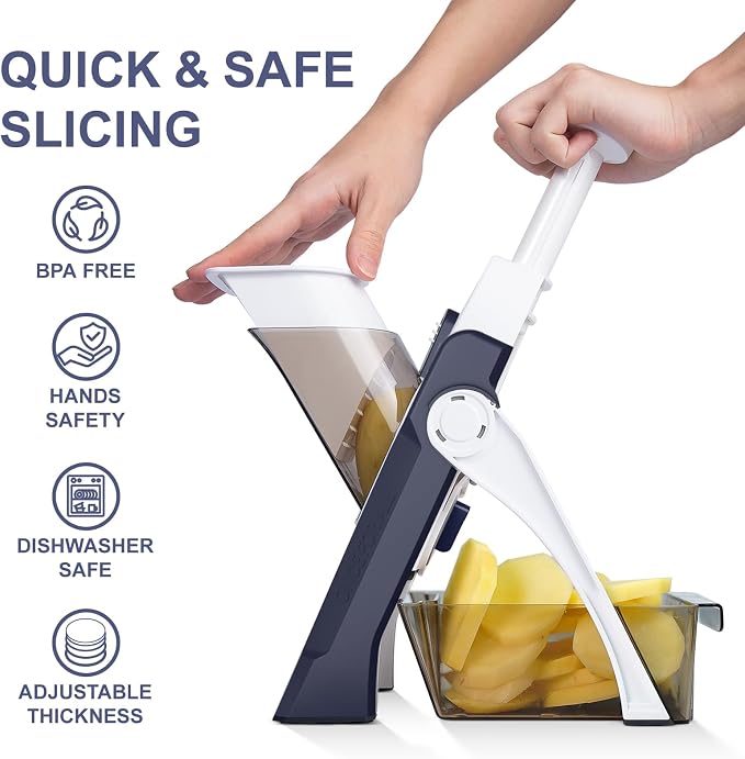 Safe Mandoline Slicer for Kitchen, Vegetable & Food Cutter (Only Slice) | Thickness Adjustable 0.1-8 mm, Potato Slicer for Chips, Easy to Clean, Storage, Kitchen Faster Slice, Dishwasher-safe (Blue)