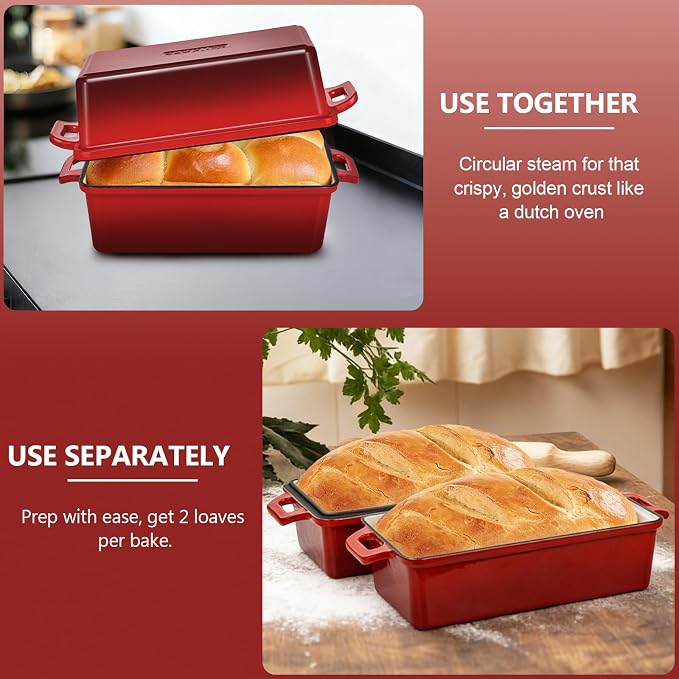 Wildone 2 in 1 Enameled Cast Iron Bread Pan with Lid, 9x5 Loaf Pans for Homemade Sourdough Bread, Cake, Meatloaf, Even Heating Bread Dutch Oven, Red