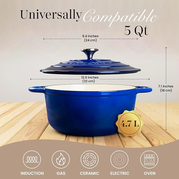 Cast Iron Pot with Lid-Non-Stick Ovenproof Enamelled Casserole Pot, Oven Safe up to 500° F-Sturdy Dutch Oven Cookware - Dark Blue, 5-Quart, 24cm by- Nuovva