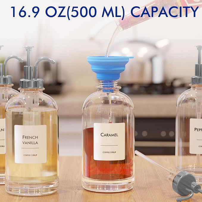 16.9 oz/500 ml Coffee Syrup Dispenser Set - 4 Glass Bottles with Silver Pumper and Syrup Labels - Precise Dispensing and Stylish Addition to Coffee Shop, Cafe or Home Bar