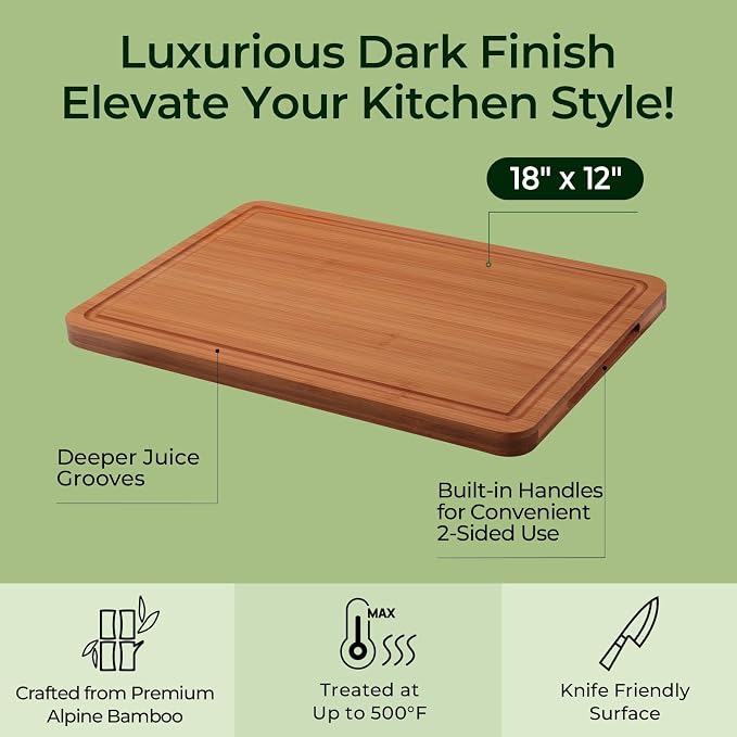 Keechee Carbonized Bamboo Cutting Board for Kitchen, XL Chopping Block | Deep juice grooves, built-in handles, extra large surface for carving meat, turkey and BBQ