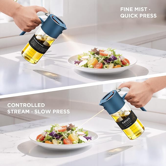 PLAPITATE 17oz/500ml Premium Olive Oil Sprayer for Cooking, 2 in 1 Glass Olive Oil Dispenser Bottle for Kitchen Gadgets, Spray Bottle with Portion Control for Salad, Frying, BBQ (Blue)