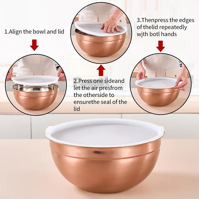 Rose Gold Mixing Bowls with Lids Set of 7, Stainless Steel Nesting Bowl with Khaki Lid for Non-slip Mixing Prepping Storing Serving, 7 Sizes-7/3.6/2.7/2.1/1.5/1/0.8 QT