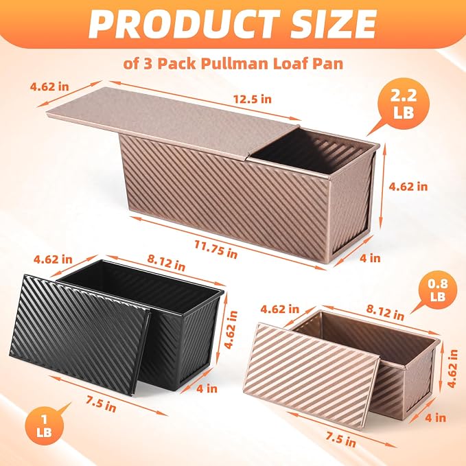 2 PCS Pullman Loaf Pan with Lid, 2.2 lb & 1 lb Dough Capacity, Nonstick Carbon Steel Sandwich Bread Pans with Covers for Homemade Sourdough Baking