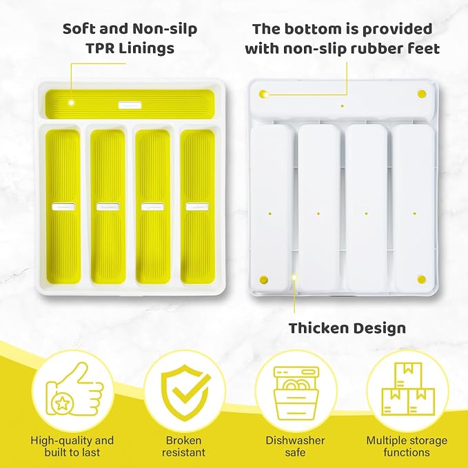 5-Compartment Silverware Organizer Tray with Icons for Kitchen Drawer | Non-slip TPR Linings，5-Compartment，High-quality Plastic，Fits Well In Standard Drawers，With Cutlery Icons