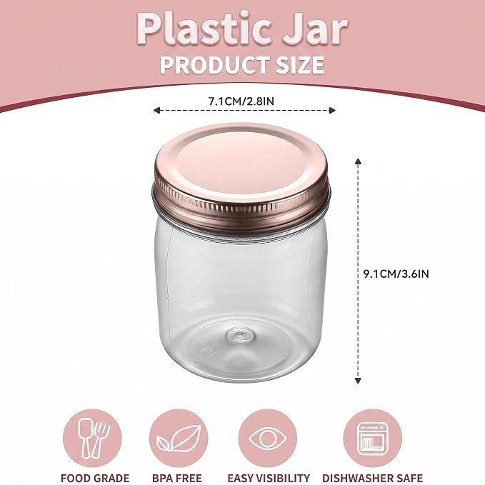 novelinks 8 oz Plastic Mason Jars and Clear Plastic Jars with Lids 8 oz | 32 Pack, Rose Gold, Plastic Containers with Lids, Small Mason Jars, Clear Jars Bulk, Spice Jars, Slime Jars, Mini Jars