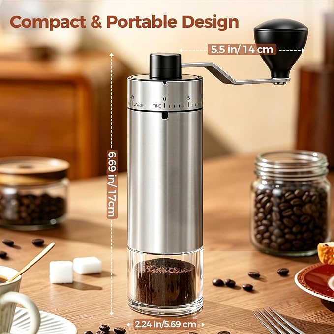 YQE Mini Manual Coffee Grinder with 40 External Grind Settings, Ceramic Conical Burr Hand Coffee Grinder, Portable Coffee Bean Mill for Espresso, Pour Over, French Press, Camping, Travel