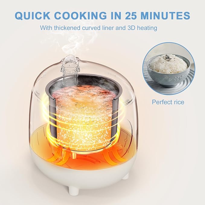Bear Mini Rice Cooker, 2-Cup Uncooked, Nonstick, Keep Warm, BPA Free, White | Portable 1.2L nonstick small rice cooker for travel, dorm, single serve. One-touch operation, removable pot, auto keep warm