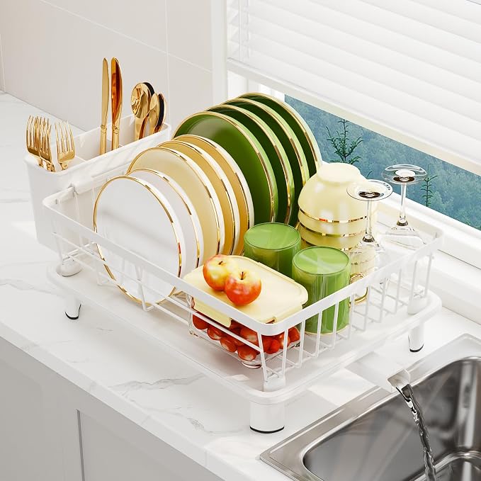 Dish Drainer Rack with Drip Tray, Sink Dish Drainer with Drainage Spout, Stainless Steel Dish Drying Rack with Cups, Utensil & Cutting Board Holders for Kitchen Counter Space-Saving, White