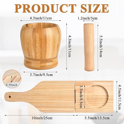 Supkiir 2 Kitchen Tools Including Mortar and Pestle Set and Wood Tostonera Plantain Press, Natural Plantain Smasher for Fried Banana Pepper Spices Garlic Press Grinder Chopper Crusher