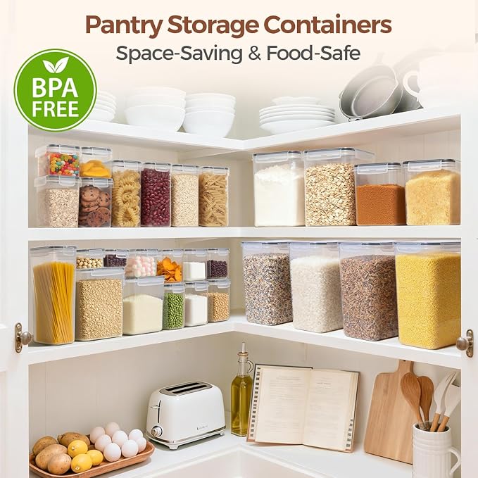 ComSaf Airtight Food Storage Containers with Lids 0.8/1.5/2.1Qt 3Pack | Plastic Canister, Flour Sugar Cereal Pasta Rice Oats Coffee Snacks, Pantry Kitchen, Label, Scoop, Stackable, BPA-free, Clear